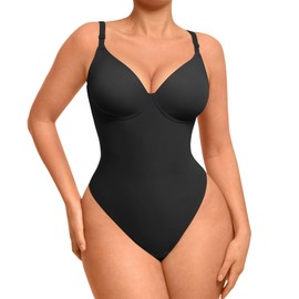 FeelinGirl Shapewear Bodysuits for Women Tummy Control: Thong Body Suit with Underwire Deep V Neck Sculpting Snatched Waist Body Shaper, Black, XL