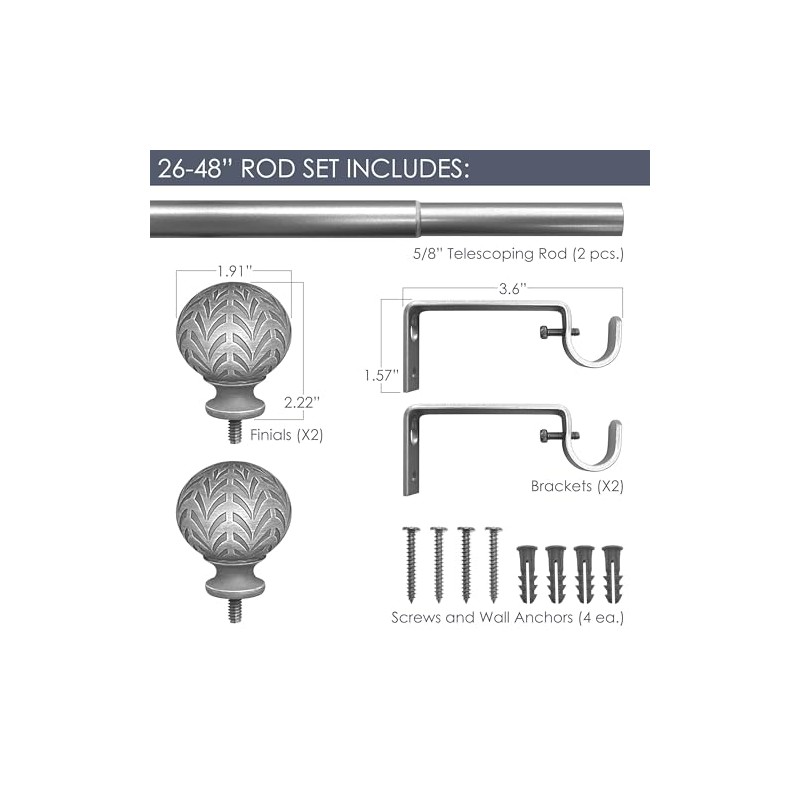 Hermosa 26-48 Inch Adjustable Curtain Rod Set, 5/8 Inch Diameter