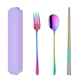 SBOMHS Portable Travel Cutlery with Case 3-Piece Fork Spoon Chopsticks for 1 Person Camping Cutlery Stainless Steel for School Picnic Rainbow