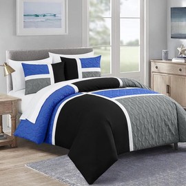 TRP 7 Piece Medallion Quilted Pattern Patchwork Pieced Bed in a Bag Cal King Comforter Set | All Seasons Soft Cozy Comfortable Lightweight Deep Pocket Blue Black Gray Aesthetic Bedding