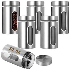 Calolin 6 PCS Stainless Steel Glass Canisters, 32 oz Large Coffee Jar with Clear Window, Kitchen Canister with Airtight Lid, Food Storage Container Kitchen Organizer for Grain Tea Cookie Candy