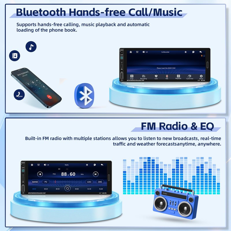 Fuluku 6.85 Inch Single Din Car Stereo with Wired Carplay