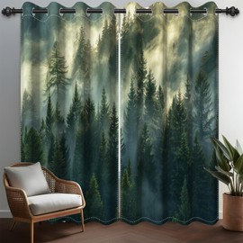 Yanutan Green Forest Blackout Curtains for Bedroom/Living Room,2 Panels Sets Blackout Window Curtain,Simple Stylish Woodland Thermal Insulated Printed Curtains with Grommet,53" Wx96 L