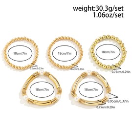 Cyberpunk Pearl Beaded Bracelet Set for Teen Girl 18K Gold Stacked Beaded Bracelet for Women Chunky Exaggerated Metal Bend Stretchable Bracelet (GG)