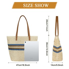 Aucuu Straw Bag, Women's Beach Bag, Straw Handbag with Leather Handles and Zip, Large Shoulder Bag for Holiday, Travel, Beach, Summer, #3 Cream-B