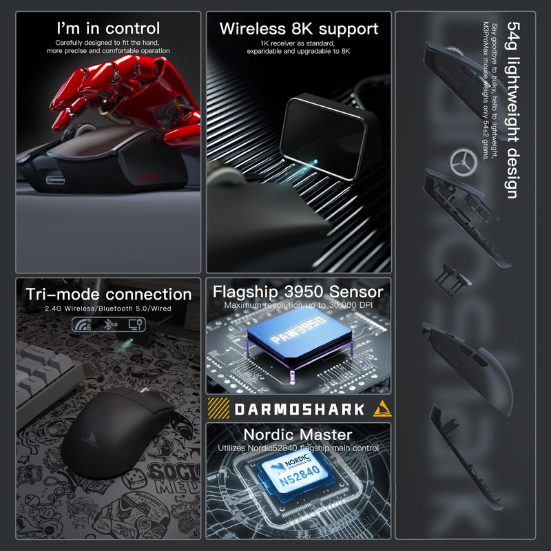 Darmoshark M3PROMAX Wireless Gaming Mouse,Tri-Mode 2.4G/USB-C/Bluetooth Mouse Up to 30000DPI,PAW3950