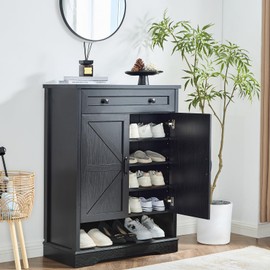 SOOWERY Shoe Cabinet with Drawer, Farmhouse Shoe Storage Cabinet with Doors, 5 Tiers Narrow Shoe Organizer for Entryway, Foyer, Hallway, Black