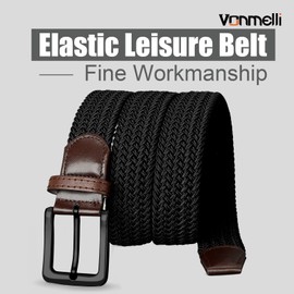 VONMELLI Elastic Belt for Men, Mens Belts Casual for Jeans Pants Woven Braided Web Belt for Golf 1.3 inches Width Black Up to 51"