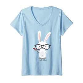 Women's Psycho Bunny Rabbit Tho Vietnamese Nerd V-Neck T-Shirt, blue