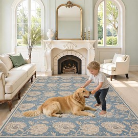 ORTIGIA Scalloped Easy Jute 5x7 Area Rug Vintage Blue Block Print Floral Farmhouse Washable Rug Non-Slip Indoor Outdoor Carpet for Living Room Bedroom Patio Entryway