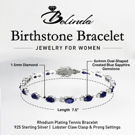 Belinda Jewels - Tennis Bracelet, 925 Sterling Silver Bracelet, Gemstone Bracelet 6x4mm Oval-Cut Created Blue Sapphire Gemstones and 1.5mm Round Diamonds, Silver Bracelet for Women