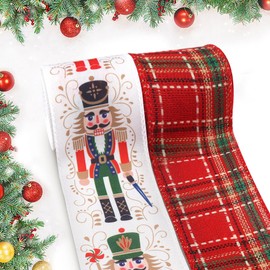 Hying 2 Rolls Christmas Ribbons for Wreath Bows Ornaments, Xmas Wired Edge Ribbons Christmas Cartoon Characters Craft Ribbons Red Wired Ribbon for Crafting Christmas Party Decorations Supplies