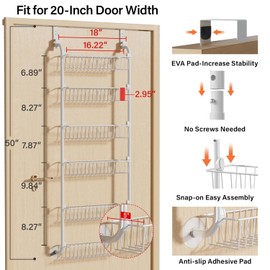 Delamu Delamu Over the Door Pantry Organizer, 6-Tier Pantry Organizers and Storage, Metal Cabinet Door Organizer, Hanging Spice Rack Shelves for Home & Kitchen, D5 x W18 x H50 inch, White
