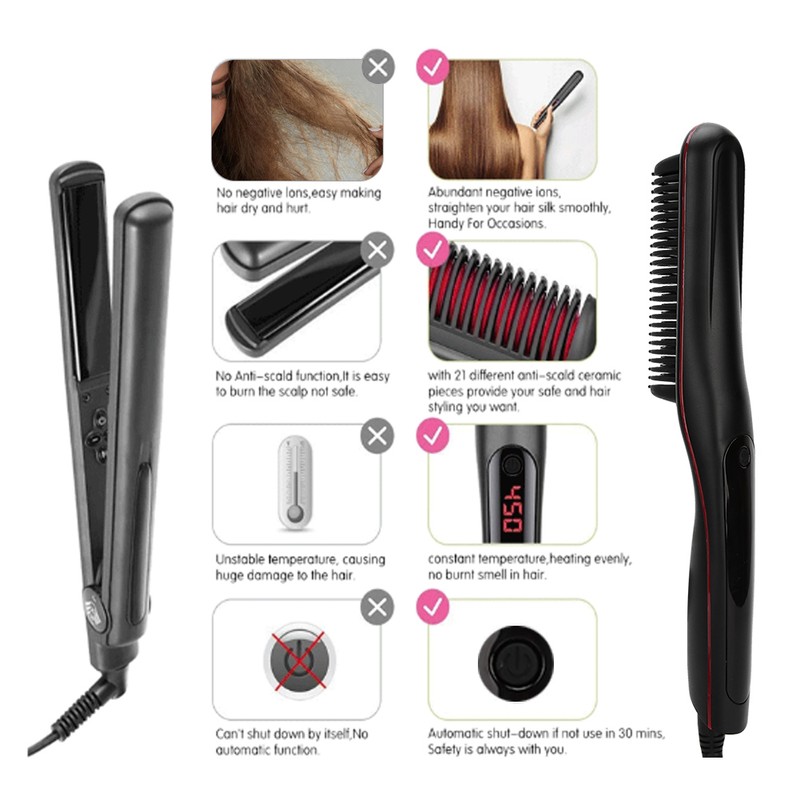 Electric Hair Straightener Comb Anti Scald Beard Straightener Brush (Black