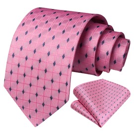 HISDERN Men's Pink Plaid Ties for Wedding Party Woven Necktie With Pocket Square Set for formal Business