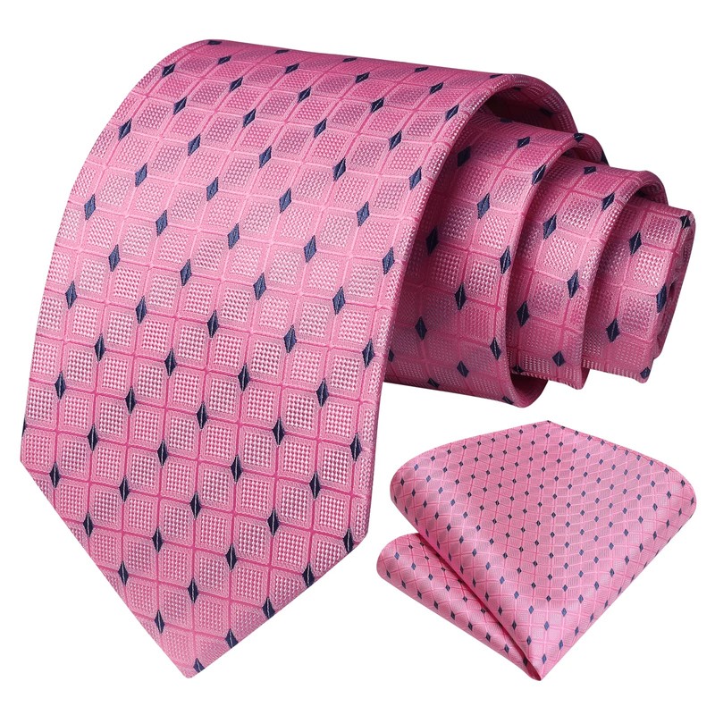 HISDERN Men's Pink Plaid Ties for Wedding Party Woven Necktie