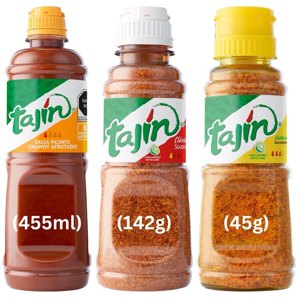 Tajin Seasoning Bundle Containing Tajin Clasico with Lime 142g, Tajin Habanero with Lime 45g, and Tajin Chamoy Sauce 455ml Authentic Mexican Flavouring