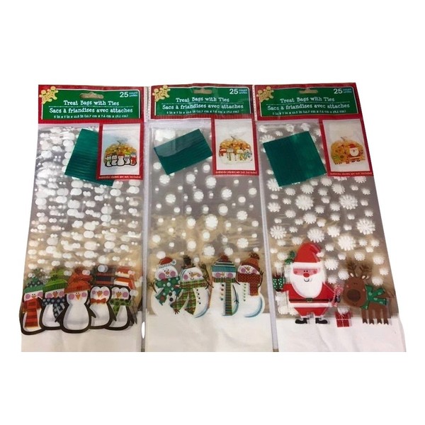 75pcs Flat Christmas Holiday Cello/Cellophane/Loot Treat Bag with Ties Large 5"