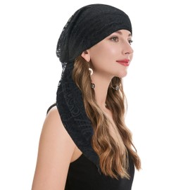 ZLYC Chemo Headwear Pre Tied Head Scarf Headwraps Lightweight Beanie Hat for Women(Double-layer Lace Black),One Size
