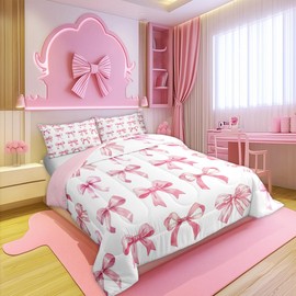 Cartoon Bowkont Bedding Comforter Sets Full,Watercolor Pink Bow Princess Style Quilt Comforter with 2 Pillowcases,Butterfly Knot Princess Bedding Set,Girls Women Bow Patchwork Quilt Set(Pink White)