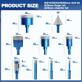 Diamond Core Drill Bit Set - BRSCHNITT Diamond Hole Saw Kit for Porcelain Tile Ceramic Marble Granite Drilling Triangle Shank（6/8/10/25/32/35/50mm&20 Finger bit&35 Chamfer bit）.