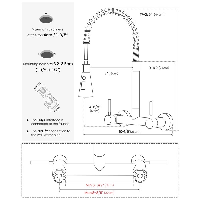 Matte Black Wall Mount Kitchen Sink Faucet 2 Handles, 8