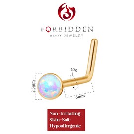 Forbidden Body Jewelry 20g 6mm Surgical Steel, Gold IP Plated & Rose Gold IP Plated Synthetic Opal L-Shape Nose Stud, Metal
