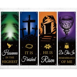 4PCS Easter Church Banners for Sanctuary Wall Worship Easter Religious Banners Hanging Backdrop Banners with Scripture He is Risen Church Easter Porch Signs for Holiday Church School Decorations