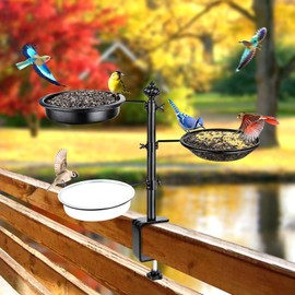 Deck Bird Feeder for Railing, BOLITE Balcony Bird Feeders for Outside, Three Trays, Enhanced Version, Black