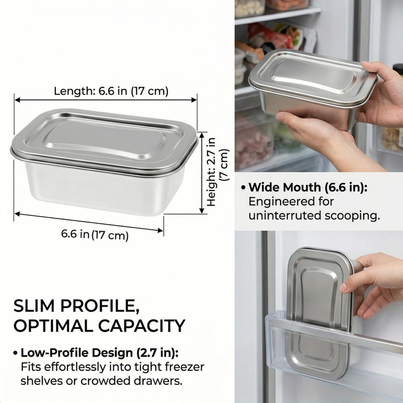 2 Pcs Stainless Steel Ice Cream Containers for Homemade, Reusable