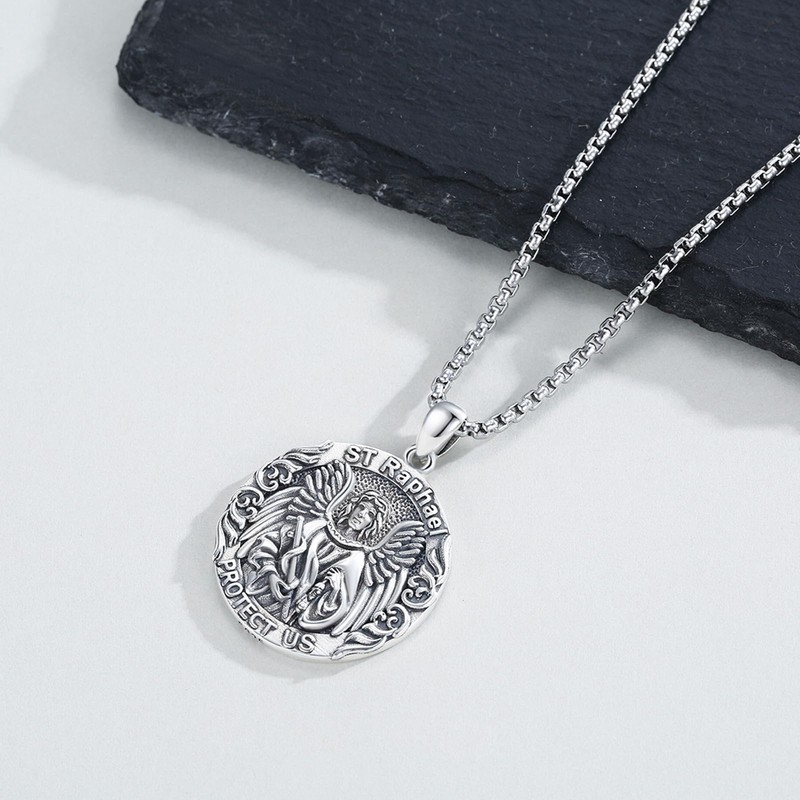 JFASHOP 925 Sterling Silver Saint Raphael Medal Protection Amulet Necklace