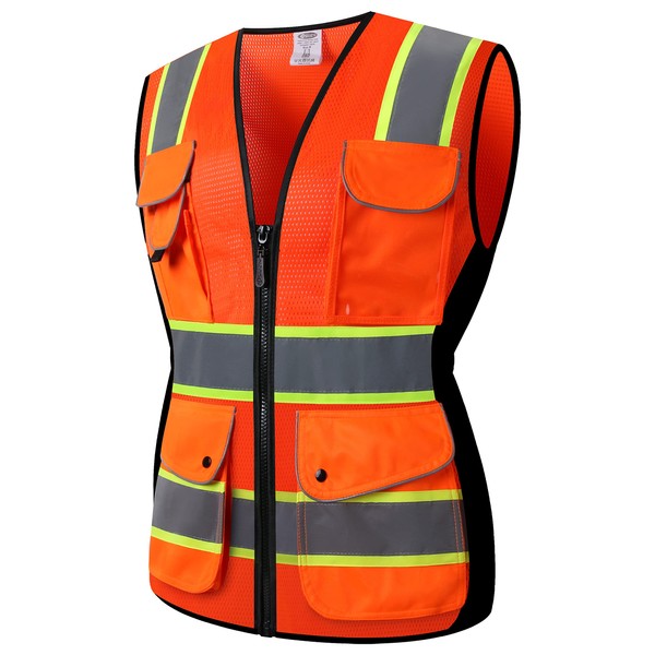 JKSafety 9 Pockets Women Hi-Vis Reflective Safety Vest | Mesh Neon Orange| Reflective Strips with Yellow Extended Trims | ANSI Compliant (168-Orange, XXL)