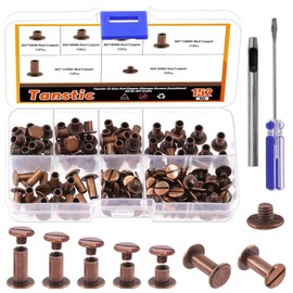 Tanstic 152 Pieces (75 Sets) Chicago Screws Assorted Kit, M5 x 5/6/8/10/12 mm Flat Head Leather Rivets Chicago Screws Binding Screw Posts Nail Rivet with Install Tool for Leather Crafts (Red Copper)