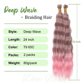 Eerya Long Curly Braiding Hair 24 Inch 2 Packs Ocean Wave Crochet Hair for Black Women Deep Wave Braiding Hair for Boho Braids（24 inch, T9/65C）