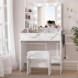Garveehome Vanity Desk with Mirror and Lights, Makeup Vanity with Power Outlet & Cushioned Stool, 3 Lighting Modes Adjustable Brightness, Dressing Table with Hairdryer Holder for Bedroom, Marble White