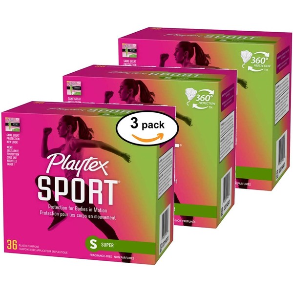 Playtex Super Absorbency Sport Tampons, Unscented, 36 count (Pack of 3)