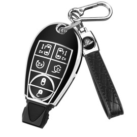 QBUC for Dodge Key Fob Cover, Soft TPU Car Key Protector with Keychain Key Case Compatible with Jeep Challenge Durango Journey Dart Caravan Ram Chrysler (Black)