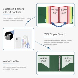 Ospelelf 2 Inch 3 Ring Binder Organizer with Zipper Pouch, Linen Storage Clipboards for Letter Size (11" x 8.5"), 5 Plastic Folders with 10 Pockets, Hardcover School Binder, Green