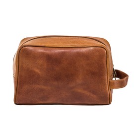 HOLZRICHTER Berlin Large Leather Hanging Toiletry Bag (L) - Premium Toiletry Bag for Men and Women - Camel Brown