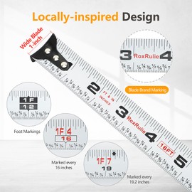 RoxRulie Tape Measure with Fractions 1/8, Measuring Tape 16 FT, 1 Inch/25mm Wide Blade Measurement Tape, Easy Read, Small, Local Design with Fractional Read, Great for Around The House and Carpenter