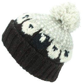 LOUDelephant Wool Knitted Beanie Hat with Bobble - Sheep - Brown/Grey, One Size, Brown-Grey