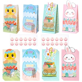 Rthjsfj 24Pcs Paper Easter Treat Bags with Stickers Cute Egg Bunny Chick Patterns Easter Goodie Candy Gift Bags for Holiday Birthday Party Supplies