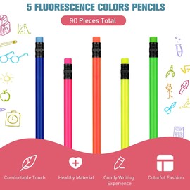 Neon Pencils for Kids HB Wood Pencil with Eraser Fluorescent Colored Wood Colorful Round Writing Drawing Pencils School Student Reward Supplies