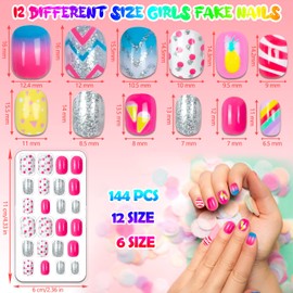 144 Pieces Fake Nails for Kids Girls Artificial Kids Press on Nails Full Cover Short Acrylic Stick On Nails False Nail Tips Kit for Children Little Girls Nail Art Decoration (pink style)