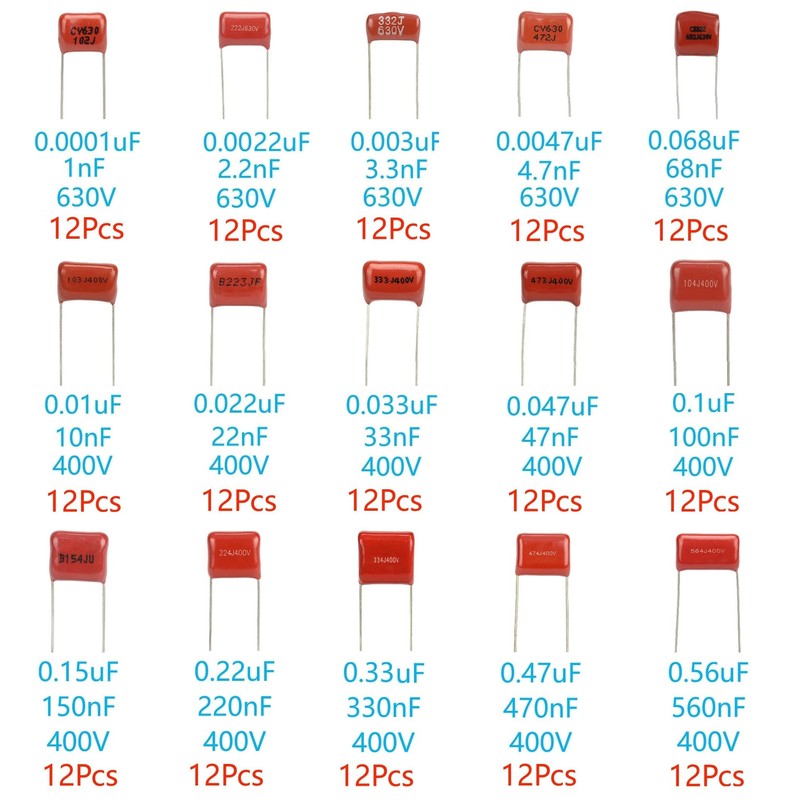 MTDELE 180Pcs 15Values Metallized Film Capacitor Kit DC 400V 630V