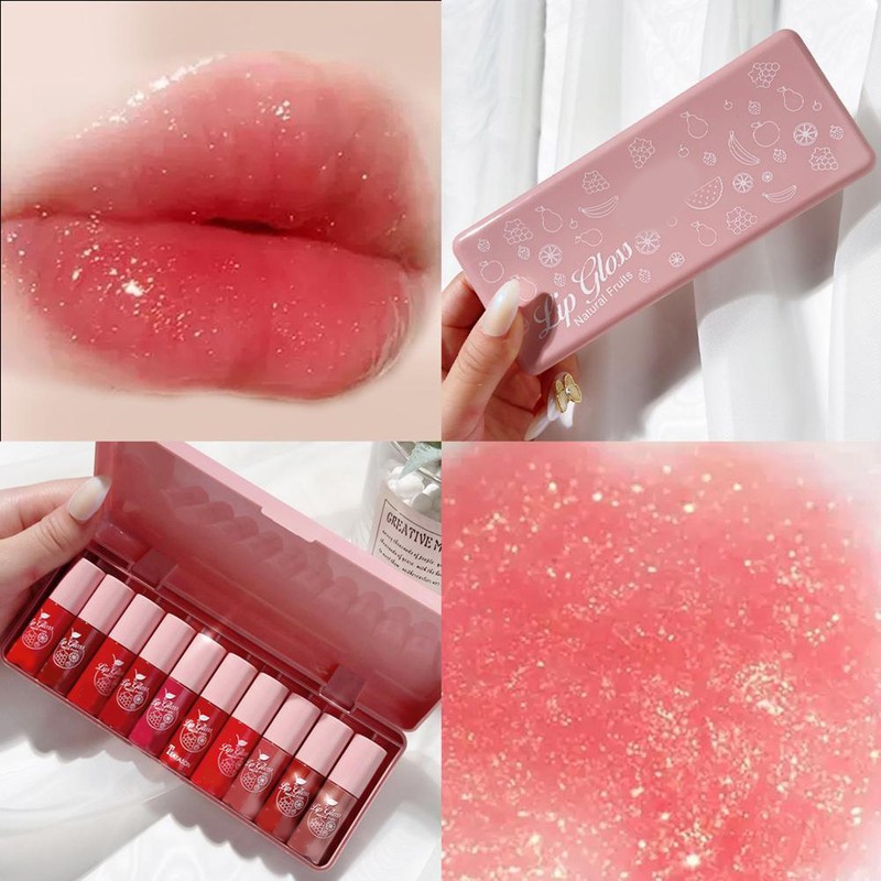 10Pcs Pearlescent Lip Gloss Set Liquid Lip Glaze Long Lasting