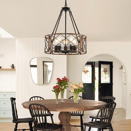 20.8'' Farmhouse Chandeliers for Dining Room, 4-Light Industrial Metal Hanging Light Fixture, Rustic Drum Pendant Light for Living Room, Bedroom, Foyer, Entryway, Kitchen Island, Vintage Wood