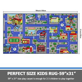 Capslpad Blue Car Road Kid Rug Carpet Playmat for Playoom Traffic Road Kids Play Mat for Toddler Non Slip Washable City Map Race Track Carpet Rug for Kids Room Bedroom Nursery Room Decor,5'x2.7'