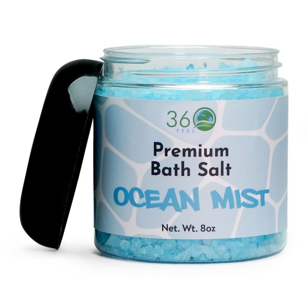 360Feel Ocean Mist Bath Salt - Natural Body Scrub - Rejuvenating Exfoliator for All Skin Types - Aromatherapy Bath Soak for Healthy Skin - Vegan & Cruelty-free Scrub - 8 Oz Jar