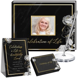 Elegant Black Floral Funeral Guest Book,"Celebration of Life" Gold Stamped Cover with Photo Slot,Includes Silver Pen, Acrylic Base & Table Sign,95 Pages Memorial Guest Book for Funerals & Condolences